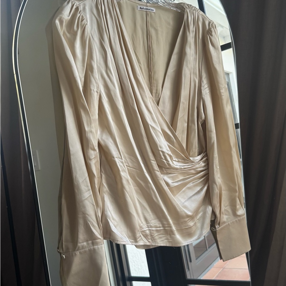 Reformation Cream Wrap Ruched Long Sleeve Blouse